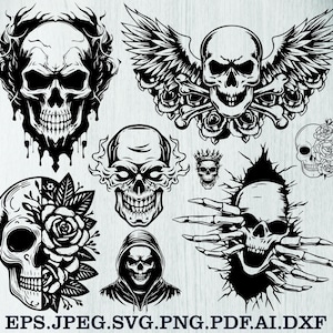 May include: A set of ten black and white skull illustrations. The skulls are in various poses, including with wings, flowers, and flames. The illustrations are in a gothic style and would be perfect for use in a variety of projects.