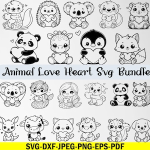 May include: A set of 20 black and white animal illustrations with hearts. The animals include a koala, a penguin, a giraffe, a hedgehog, a cat, a dog, a squirrel, a cow, a mermaid, a fox, a fish, a sloth, a bear, and a butterfly. The illustrations are perfect for creating crafts, cards, and other projects.