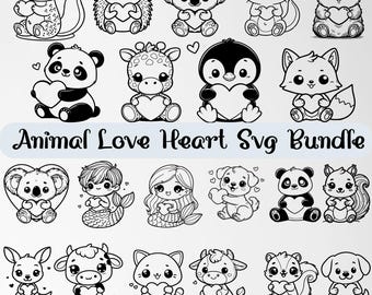 Paquete de SVG de animales lindos, SVG de corazón de amor de animales, clipart de animales, archivos de corte de animales lindos para Cricut, San Valentín de animales, SVG de contorno de animales de safari