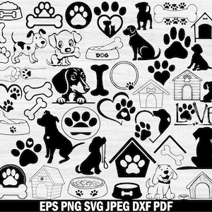 Könnte beinhalten: Eine Sammlung von schwarzen und weißen SVG-Schnittdateien zum Thema Hund. Die Designs beinhalten Pfotenabdrücke, Knochen, Hundehütten, Herzen und das Wort "LIEBE".