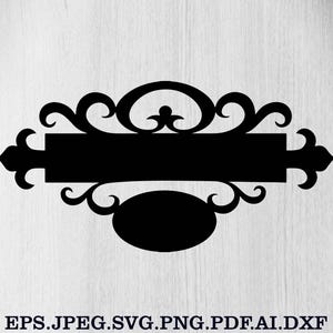 May include: Black decorative sign with an oval and rectangular shape, adorned with ornate scrollwork and arrow-shaped ends. The sign includes the text "EPS.JPEG.SVG.PNG.PDF.AI.DXF" at the bottom.