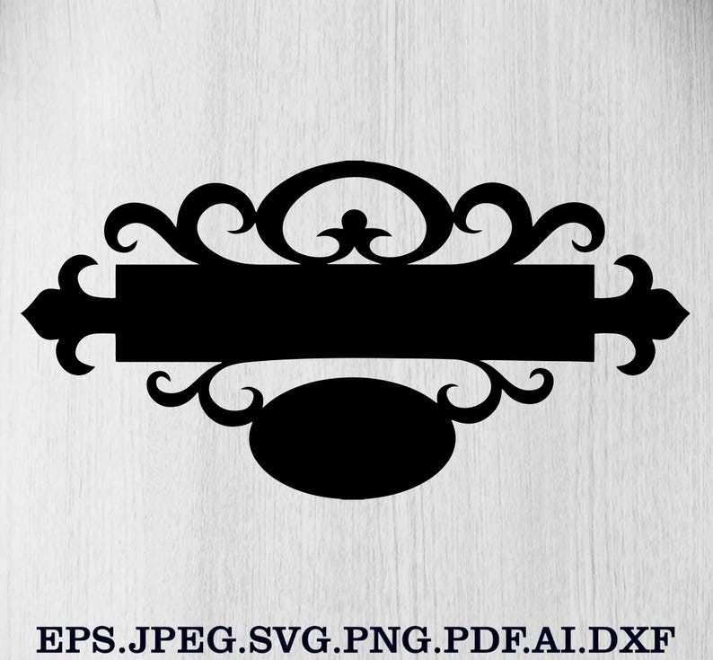 May include: Black decorative sign with an oval and rectangular shape, adorned with ornate scrollwork and arrow-shaped ends. The sign includes the text "EPS.JPEG.SVG.PNG.PDF.AI.DXF" at the bottom.