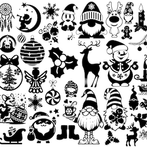 Könnte beinhalten: Eine Sammlung von schwarz-weißen Weihnachts-Silhouette-Designs. Enthält einen Traumfänger, Engel, Krippe, Ornamente, Schneeflocken, Gnom, Rentier, Schneemann, Weihnachtsmann und andere festliche Elemente.