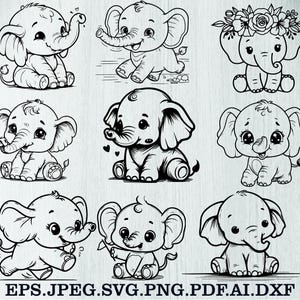 Może przedstawiać: Zestaw dziewięciu czarno-białych rysunków przedstawiających urocze małe słonie w różnych pozach. Słonie mają duże uszy, duże oczy i małe trąby. Niektóre słonie siedzą, niektóre stoją, a niektóre trzymają kwiaty.