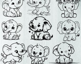 Paquete SVG de elefante bebé, clipart de elefante bebé, lindo elefante SVG, archivos de corte de elefante bebé para circuito, contorno de elefante bebé SVG, PNG, EPS