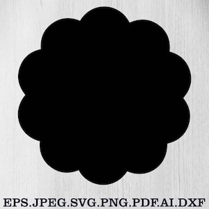 May include: A black, scalloped-edge shape against a white background. The shape is a solid, rounded form with a series of curved edges. Below the shape, the text reads: EPS.JPEG.SVG.PNG.PDF.AI.DXF.