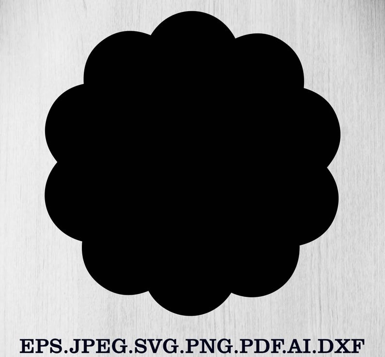 May include: A black, scalloped-edge shape against a white background. The shape is a solid, rounded form with a series of curved edges. Below the shape, the text reads: EPS.JPEG.SVG.PNG.PDF.AI.DXF.