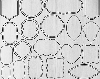 Puede incluir: Una colección de marcos de contorno negro en varias formas, incluyendo círculos, óvalos y corazones, sobre un fondo claro de vetas de madera. La imagen incluye el texto "EPS.JPEG.SVG.PNG.PDF.AI.DXF" en la parte inferior.