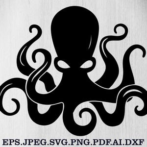 Puede incluir: Silueta negra de un pulpo con ocho tent&aacute;culos rizados. El pulpo tiene una cabeza grande y dos formas de ojos. La imagen incluye el texto "EPS.JPEG.SVG.PNG.PDF.AI.DXF" en la parte inferior, indicando formatos de archivo.