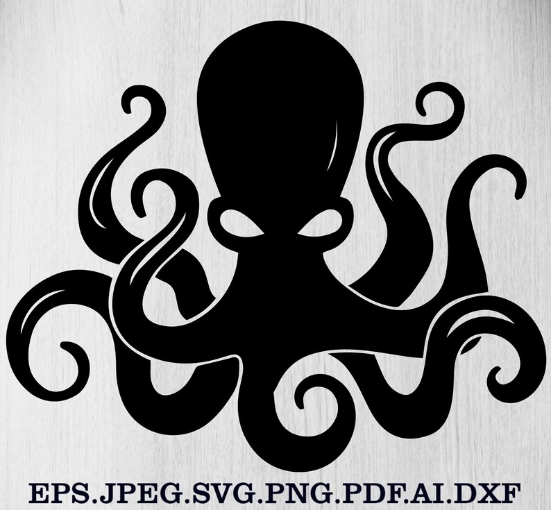 Puede incluir: Silueta negra de un pulpo con ocho tent&aacute;culos rizados. El pulpo tiene una cabeza grande y dos formas de ojos. La imagen incluye el texto "EPS.JPEG.SVG.PNG.PDF.AI.DXF" en la parte inferior, indicando formatos de archivo.