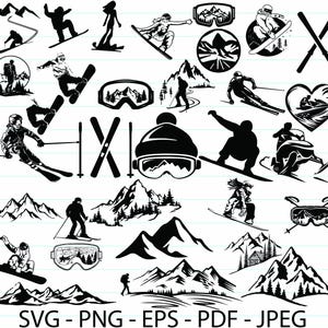 以下が含まれることがあります： スキーヤー、スノーボーダー、山、スキー用品など、冬のスポーツの白黒ベクターイラスト。アパレル、ホームデコレーションなどのデザインを作成するのに最適です。