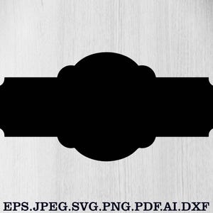 May include: A black, rectangular label with rounded corners and a central oval shape. The label is set against a white wood-grain background. The bottom of the image displays file format options: EPS.JPEG.SVG.PNG.PDF.AI.DXF.