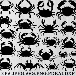 May include: A collection of black crab silhouettes in various sizes and poses. The image includes crabs with different claw shapes and body designs, suitable for digital art projects. The file formats EPS, JPEG, SVG, PNG, PDF, AI, and DXF are listed.