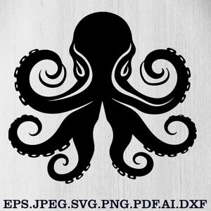 Puede incluir: Silueta negra de un pulpo con ocho tent&aacute;culos rizados. La imagen es un gr&aacute;fico vectorial, con opciones de tipo de archivo enumeradas debajo: EPS, JPEG, SVG, PNG, PDF, AI y DXF.