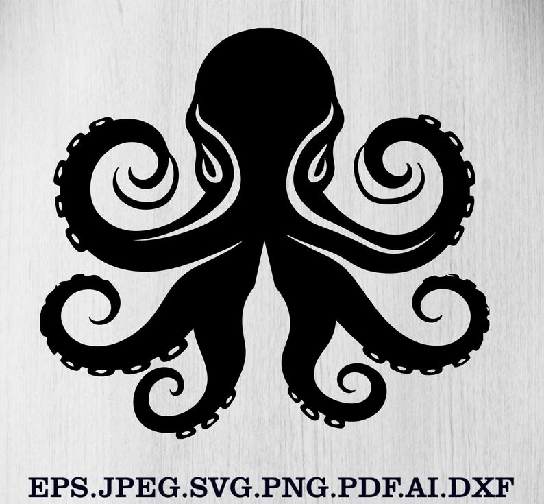 Puede incluir: Silueta negra de un pulpo con ocho tent&aacute;culos rizados. La imagen es un gr&aacute;fico vectorial, con opciones de tipo de archivo enumeradas debajo: EPS, JPEG, SVG, PNG, PDF, AI y DXF.
