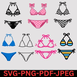 May include: A collection of twelve bikini sets displayed as digital illustrations. The designs include black palm tree prints, pink polka dots, black and white stripes, solid blue, simple outlines, bright pink line art, and blue and yellow horizontal stripes.