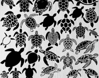 May include: A collection of black turtle illustrations in various sizes and styles. The image includes detailed and simplified designs, with the file formats EPS, JPEG, SVG, PNG, PDF, AI, and DXF at the bottom.