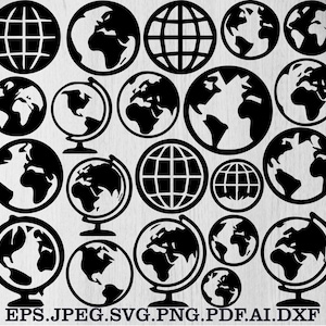 Puede incluir: Una colección de diseños de globos terráqueos y mapas del mundo en blanco y negro. La imagen incluye varias ilustraciones de globos terráqueos, algunas con líneas de cuadrícula y otras que representan continentes. El texto en la parte inferior dice: EPS.JPEG.SVG.PNG.PDF.AI.DXF.