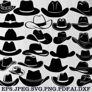 Puede incluir: Una colección de siluetas de sombreros de vaquero negros en varios estilos. Los sombreros tienen diferentes formas de corona, ala y elementos decorativos. La imagen incluye el texto "EPS.JPEG.SVG.PNG.PDF.AI.DXF".