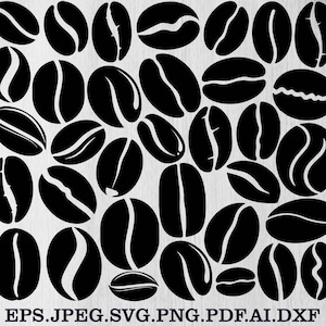 Puede incluir: Gráfico en blanco y negro de granos de café en varias orientaciones. Los granos están estilizados con una línea blanca curva en el centro. La imagen incluye el texto "EPS.JPEG.SVG.PNG.PDF.AI.DXF".