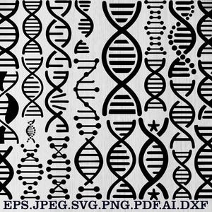 May include: A collection of black DNA strand illustrations in various designs. The image includes the text "EPS.JPEG.SVG.PNG.PDF.AI.DXF" at the bottom, indicating file formats.