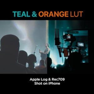 Könnte beinhalten: Ein Teal- und Orange-Farbgrading-LUT für die Videobearbeitung, mit dem Text "Teal & Orange LUT" oben und "Apple Log & Rec709 Shot on iPhone" unten. Das Bild zeigt eine Konzertszene mit einer Band, die auf der Bühne spielt, und einem Kamerateam, das die Performance filmt.
