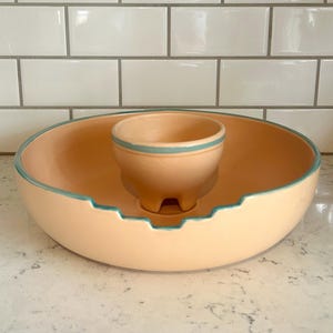 Vintage Treasure Craft Chip and Dip Bowl Set, 1987 Adobe Southwest Ceramic Serving Set, Peach and Turquoise Teal Salsa Bowl, 80s Santa Fe
