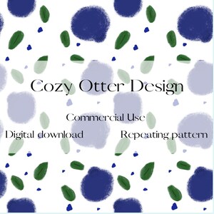 Puede incluir: Diseño de patrón repetitivo con fondo blanco, con formas abstractas azules, verdes y moradas claras. También se ve el texto "Cozy Otter Design", "Digital download", "Commercial Use" y "Repeating pattern".