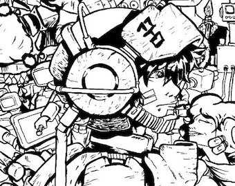 May include: Black and white illustration of a group of characters wearing futuristic helmets and goggles. The characters are standing in a cluttered environment with various mechanical parts and devices. The illustration has a sci-fi theme.