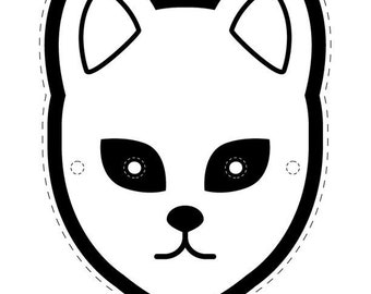 May include: Black and white printable mask of a kitsune, a Japanese mythical fox spirit. The mask has large ears, a small nose, and two large eyes. The mask is designed to be cut out and worn. The text "HAPPY HALLOWEEN" is included at the bottom of the image.