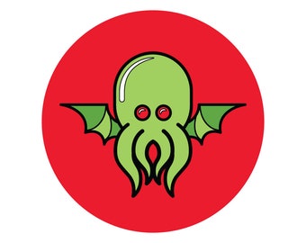 May include: A green, winged, cartoon octopus with red eyes on a red circle background.