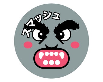 May include: A gray cartoon face with a wide open mouth and sharp teeth. The face has a furrowed brow and angry eyes. The text "イッショウ" is written above the brow.