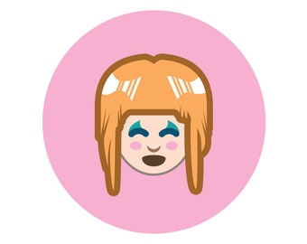 May include: A cartoon illustration of a smiling face with orange hair, blue eyes, and a pink blush, set against a pink circle background. The face has a neutral expression and is outlined in a dark brown color.
