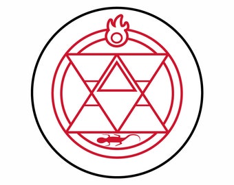May include: A red and black circular symbol with a triangle inside. The triangle has a smaller triangle inside and is surrounded by a circle. There is a flame at the top of the symbol and a lizard at the bottom.