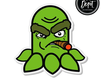 May include: Green cartoon character with a grumpy expression, wearing a cigar, and a sticker that says "The Button Depot and Other Sundries".