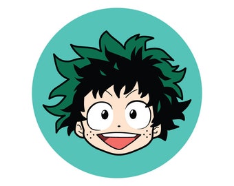 May include: A cartoon illustration of a smiling anime character with green hair and freckles. The character is set against a teal blue circle background.