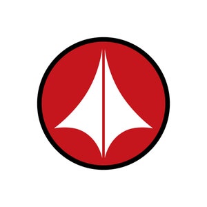 Puede incluir: Un círculo rojo con un contorno negro y una forma triangular blanca estilizada en el centro.