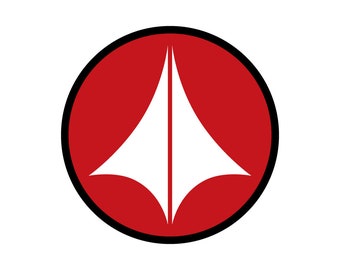 May include: A red circle with a black outline and a white, stylized, triangular shape in the center.