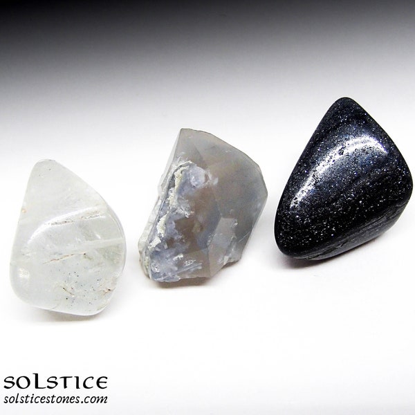 Set of 3 SILVER BLUE Crystals w/ Clear Topaz, Olenite Smoky Quartz & Specular Hematite Stones || Ethically Sourced || solsticestones.com