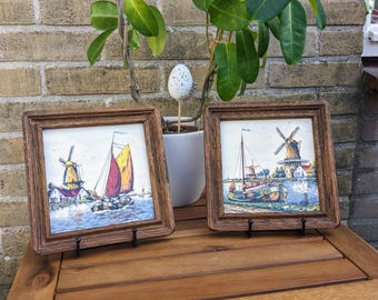 Juego de azulejos policromados vintage de Delft – Decoración para el hogar con escena de molino de viento holandés