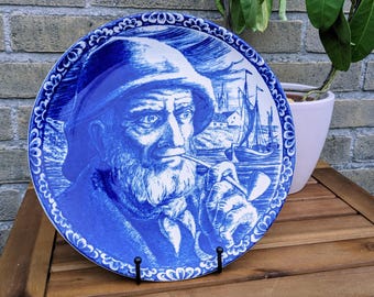 Vintage Delft Blue Teller – Niederländischer Fischer, Boch Belgien Wandkunst (25 cm)