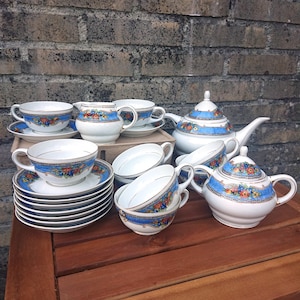 ANTIQUE Service à thé 9 personnes en porcelaine fine - Ensemble allemand Felda Porzellan de 21 pièces avec motif floral bleu - Mariage et cadeau de mariage