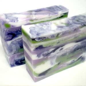May include: Two rectangular bars of handmade soap with a layered design. The soap features swirls of purple, green, white, and black, creating a marbled effect. The bars are stacked on a white surface.