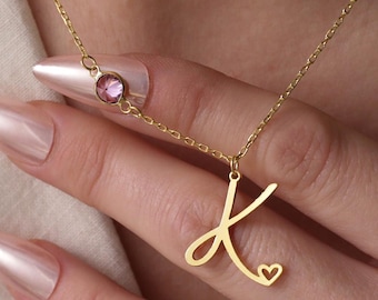 Heart Letter Necklace with Birthstone, Initial Necklace, Christmas Gift, Birthday Gift, 1st Anniversary Gift, Gift For Her