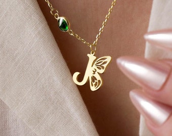 Mama Nana Wife Necklace, Custom Initial Necklace with Butterfly, Personalized Letter With Birthstone, Mothers Day Gift -Birthday Gift