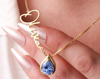 Personalized Birthstone Custom Name Necklace, Gold Name Necklace, Christmas Gift for Women, Drop Birthstone Necklace, Anniversary Gift