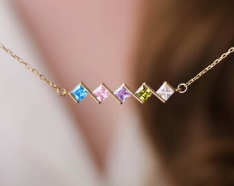 Sterling Silver Family Birthstone Necklace: Personalized Mom Jewelry