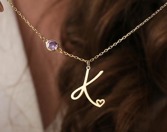 14K Gold Initial Necklace with Birthstone: Personalized Charm Gift