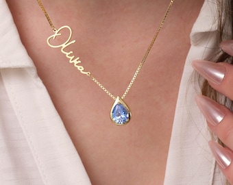 Custom Name Necklace with Birthstone, Personalized Name Necklace, Teardrop Birthstone Necklace, Christmas Gift For Her, Anniversary Gift