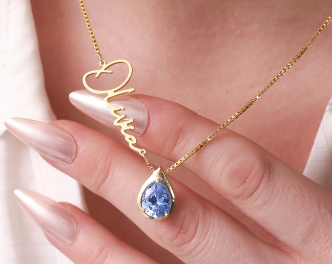 Handmade Birthstone Name Necklace, Custom Name and Birthstone Necklace, Personalized Drop Birthstone Name Necklace, Gift For Wife